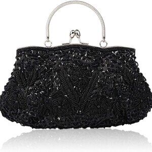 Floral Designer Evening Bag Beaded Sequin Design Vintage Kissing Lock Satin Clut